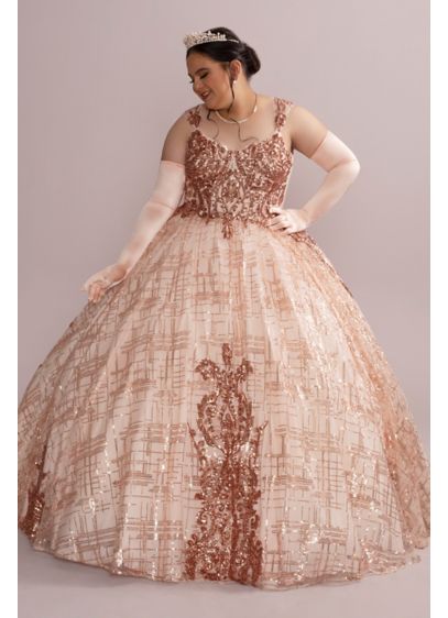 Patterned Sequin Plus Quince Ball Gown with Bolero - Look like royalty in this dazzling quinceanera ball